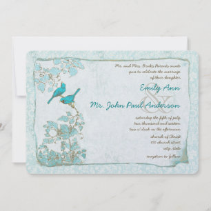 Vintage Turquoise Aqua Blauwe Vogels Damast Bruilo Kaart
