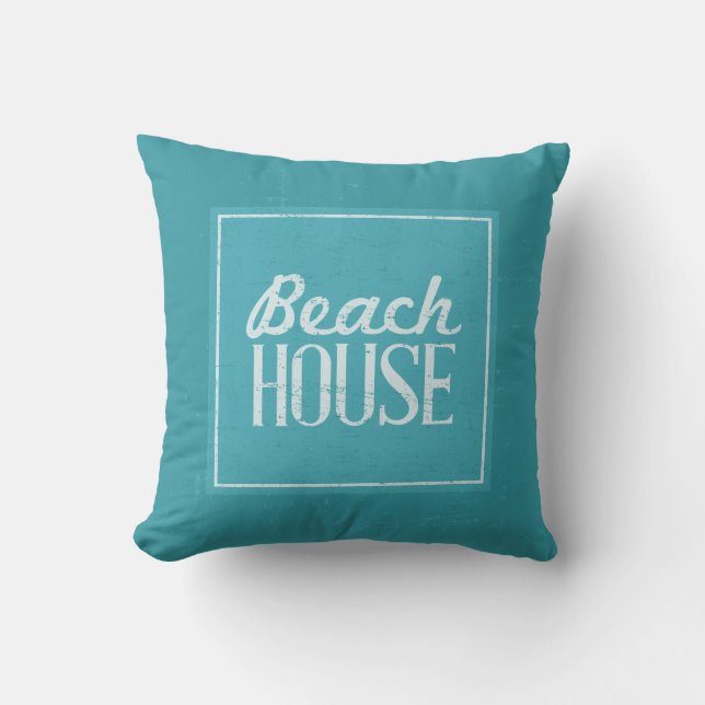 Vintage Turquoise Blauwe Strandhuis Kussen (Voorkant)