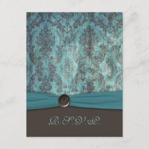 Vintage turquoise en bruine damast RSVP kaart