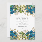 Vintage Turquoise en Gouden Chic Bloemige Bruiloft Save The Date (Voorkant)