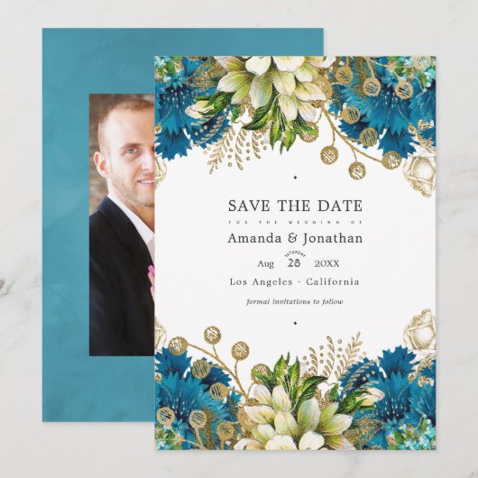 Vintage Turquoise en Gouden Chic Bloemige Bruiloft Save The Date (Voorkant / Achterkant)