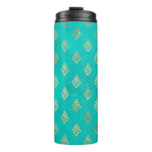 Vintage turquoise en gouden pauwenthema damast thermosbeker