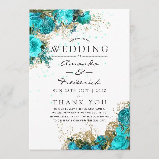 Vintage Turquoise en Gouden Shabby Bruiloftsprogra Programmakaart (Voorkant)