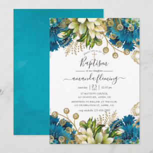 Vintage turquoise en gouden shabby doopfeest kaart