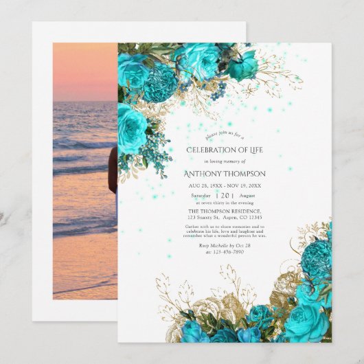 Vintage Turquoise en Gouden Viering van het Leven Kaart (Voorkant / Achterkant)