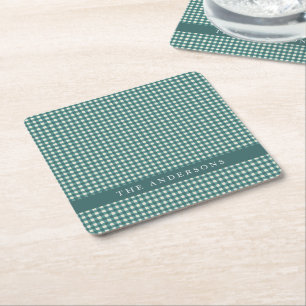 Vintage turquoise en witte gingham geruite geperso kartonnen onderzetters