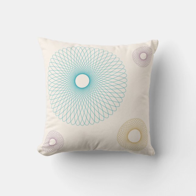 Vintage Turquoise, Geel en Roze Spirograaf Kussen (Voorkant)
