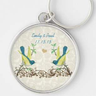 Vintage Turquoise & Gele Liefdesvogels Trouw Sleut Sleutelhanger