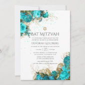 Vintage Turquoise & Goud Shabby Bloemstuk Bat Mitz Kaart (Voorkant)