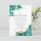 Vintage Turquoise & Goud Shabby Bloemstuk Bat Mitz Kaart (Staand voorkant)