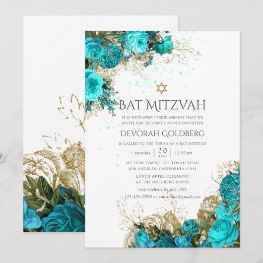 Vintage Turquoise & Goud Shabby Bloemstuk Bat Mitz Kaart (Voorkant / Achterkant)
