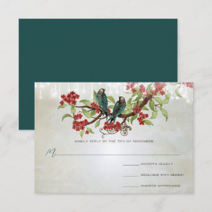 Vintage Turquoise Liefdesvogels Rood Bloesemgrijs RSVP Kaartje