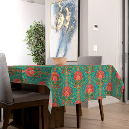 Vintage turquoise, rood en gouden bloempatroon tafelkleed