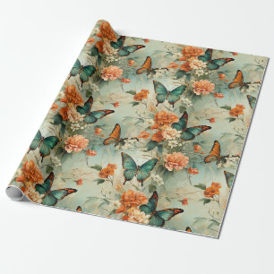 Vintage Turquoise Vlinder Oranje Bloem Tuin Cadeaupapier