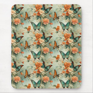 Vintage Turquoise Vlinder Oranje Bloem Tuin Muismat