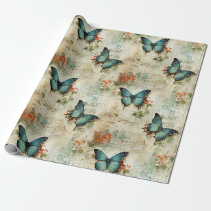 Vintage Turquoise Vlinders Rustieke Bloemen Cadeaupapier