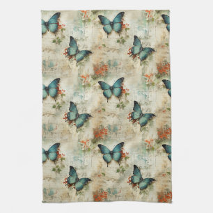 Vintage Turquoise Vlinders Rustieke Bloemen Theedoek