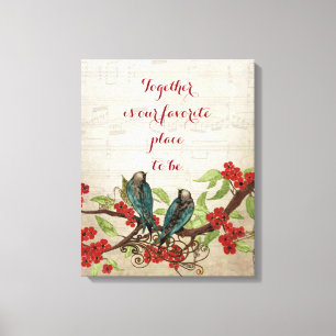 Vintage Turquoise Vogels Rood Bloemmotief Citaat Canvas Afdruk