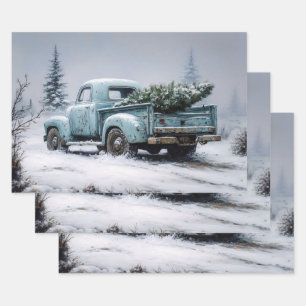 Vintage turquoise vrachtwagen met kerstboom inpakpapier vel