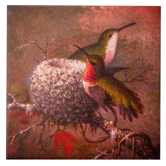 Vintage Twee Ruby Keelkolibrie & Nest Tegeltje (Voorkant)