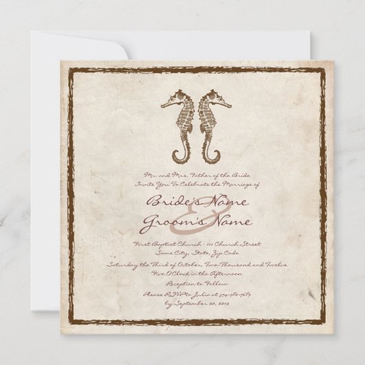 Vintage Twee Zeeen Paarden Beach Wedding Invitatio Kaart (Voorkant)