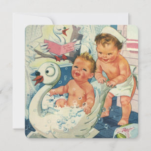 Vintage Twin Boy Zwaan Bubbelbad Verjaardagsfeestj Kaart