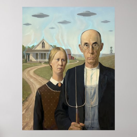 Vintage UFO Alien Parodie American Gothic Poster (Voorkant)
