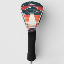 Vintage UFO bij rode zonsondergang Persoonlijk Golfheadcover