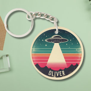Vintage UFO bij zonsondergang Persoonlijk gemaakt Sleutelhanger