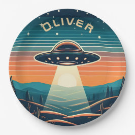 Vintage UFO bij zonsondergang Persoonlijk Papieren Bordje