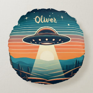 Vintage UFO bij zonsondergang Persoonlijk Rond Kussen