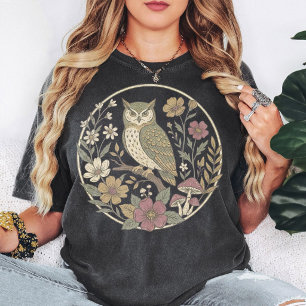 Vintage Uil Bloemrijke Paddenstoel Cirkel Kunst T-shirt