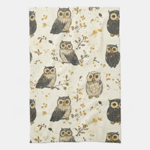 Vintage Uilen & Bloemmotief Theedoek