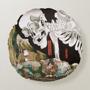 Vintage Ukiyo-e Kuniyoshi Skelet Specter Kunst Rond Kussen