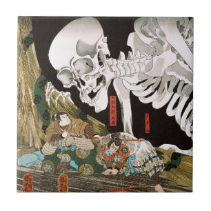 Vintage Ukiyo-e Kuniyoshi Skelet Specter Kunst Tegeltje
