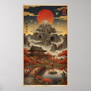 Vintage Ukiyo-e Mount Fuji herfstlandschap  Poster