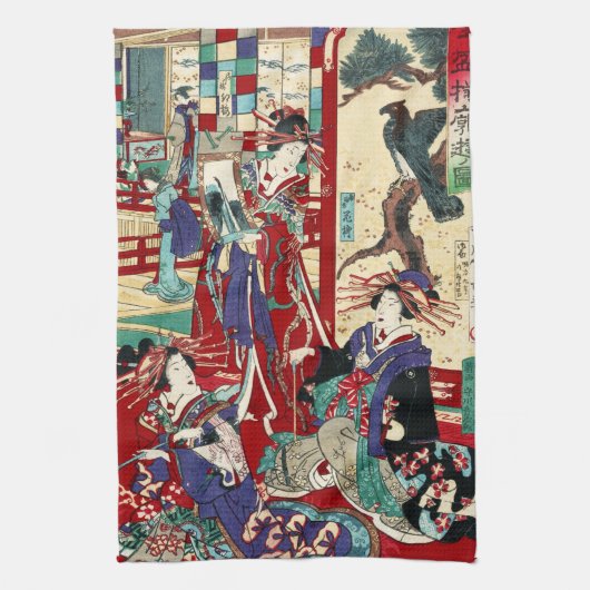 Vintage ukiyo-e trio geisha scroll theedoek (Verticaal)