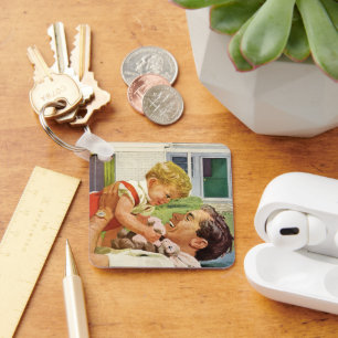 Vintage Vaderdag, Gelukkig Gezin in de Voorsteden Sleutelhanger