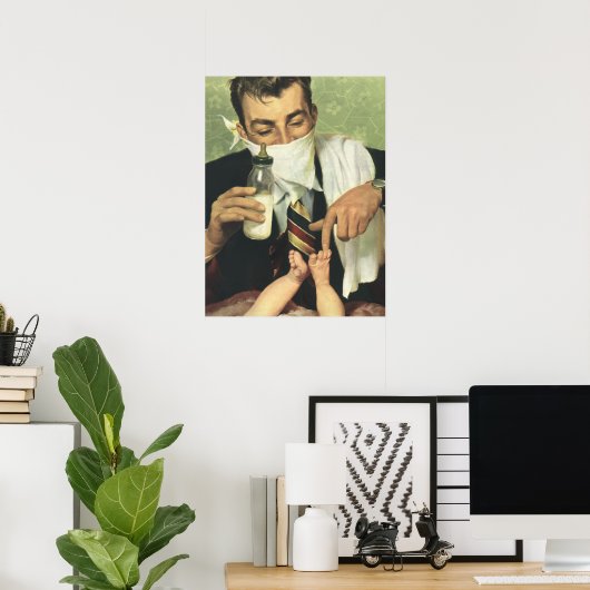 Vintage Vaderdag, papa geeft baby een fles Poster (Thuiskantoor)