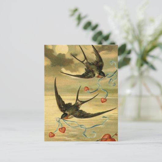 Vintage Valentijn Boerenzwaluw met Harten Feestdagenkaart (Staand voorkant)