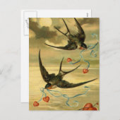 Vintage Valentijn Boerenzwaluw met Harten Feestdagenkaart (Voorkant / Achterkant)