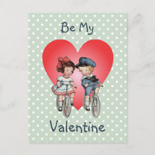 Vintage Valentijn kinderen op fietsen met hart Feestdagenkaart