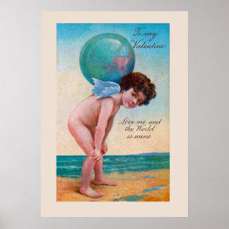Vintage Valentijnsdag Cupid Holding Wereldbol Poster