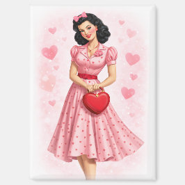 Vintage Valentijnsdag Pin-Up Meisje met Harttas Magneet