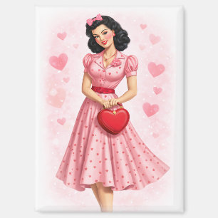 Vintage Valentijnsdag Pin-Up Meisje met Harttas Magneet
