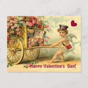 Vintage Valentine Cherub Wagon of Gifts and Roses Feestdagenkaart