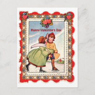 Vintage Valentine - Ice Skating & Hearts-koppel Feestdagenkaart