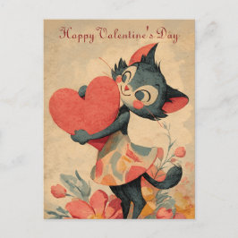 Vintage Valentine`s Day Cat With Heart Briefkaart