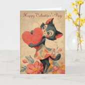 Vintage Valentine`s Day Cat With Heart Kaart (Gele Bloem)