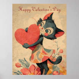 Vintage Valentine`s Day Cat With Heart Poster